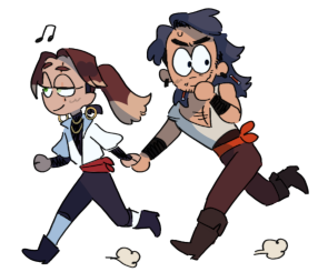 chibi drawing of alistair holding russel's hand